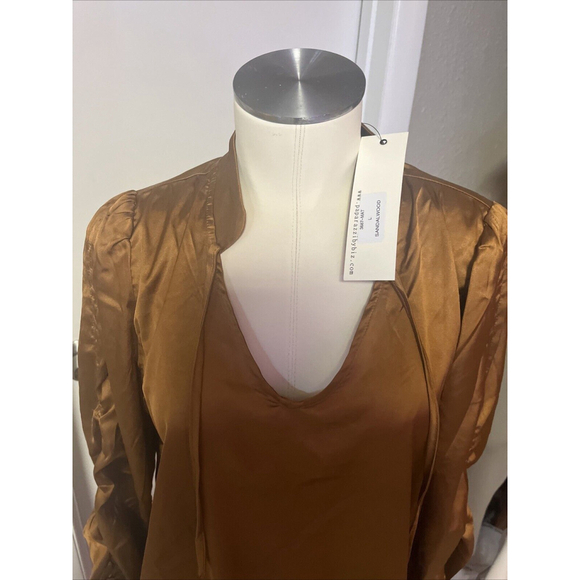 Women’s Rouched Long Sleeve Silky Soft Copper Vneck Blouse By Paparazzi - Picture 4 of 15
